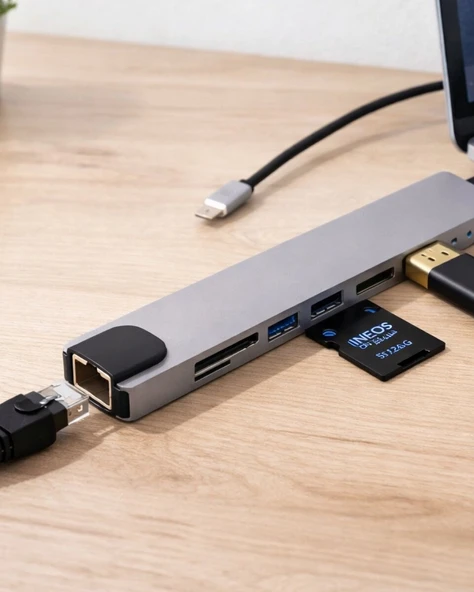 Çok Fonksiyonlu Type C Hub USB HDMI Ethernet Kart Okuyucu ürün görseli 1