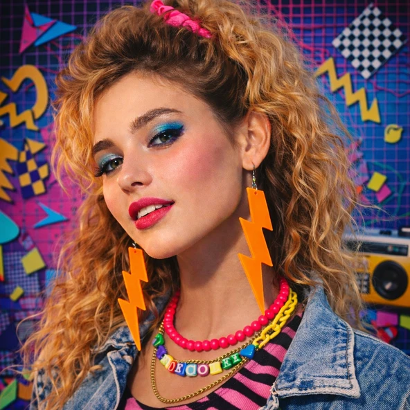 80 ler 90 lar Retro Neon Turuncu Şimşek Küpe 10 cm ürün görseli 1