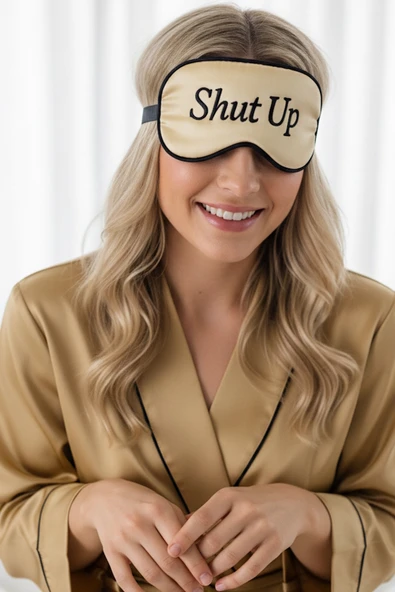 Caş Dekorasyon Altın Renk Shut Up Yazılı Saten Uyku Bandı ürün görseli 1