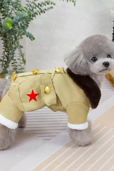 Caş Dekorasyon Bej Renk Çanta Detaylı Peluş Astarlı XL Köpek Tulum/Mont ürün görseli 1