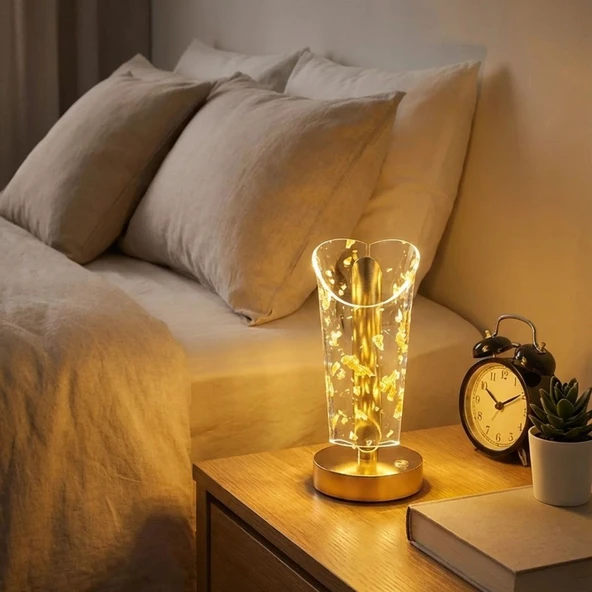Açık Silindirik Kristal Altın Toz Model LED Masa Lambası – Gold Tabanlı, Dokunmatik, 3 Renk Işık Modlu, Şarjlı Modern Dekoratif Gece Lambası (2818) ürün görseli 1