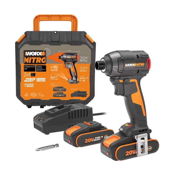 WORX WX265 20Volt 2.0Ah Li-ion Çift Akülü 200Nm Kömürsüz Profesyonel Şarjlı Darbeli Tornavida ürün görseli 1