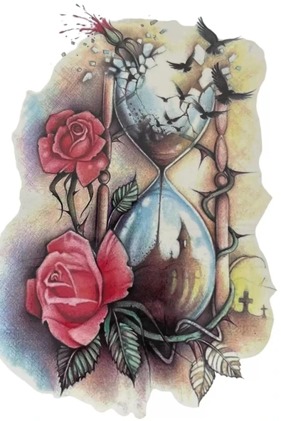 Caş Dekorasyon Kum Saati Ve Çiçek Figürlü Geçici Dövme Tattoo ürün görseli 1