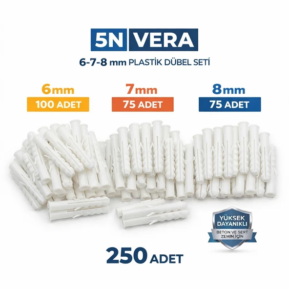 250 Adet Plastik Dübel Seti (6mm-7mm-8mm)  Duvar ve Beton Montaj Dübeli ürün görseli 1