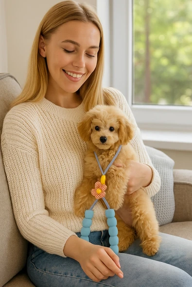 Caş Dekorasyon Mavi Renk Çiçek Figürlü İpli Kedi Köpek Tasması ürün görseli 1