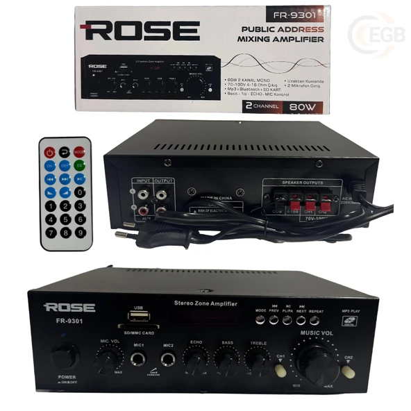 Rose FR-9301 80W 2 KANAL MONO ANFİ 2 Mikrofon Giriş ürün görseli 1