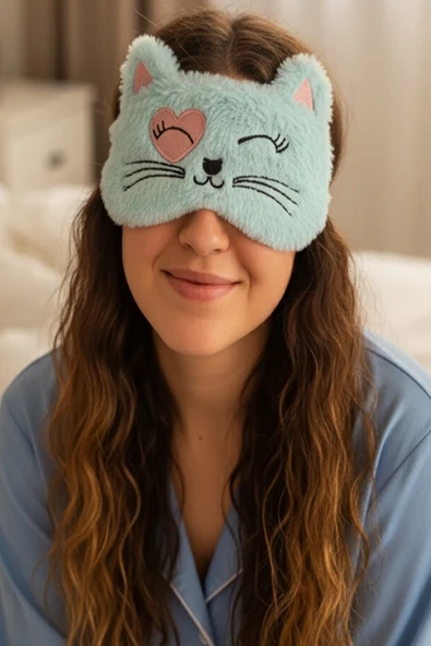 Caş Dekorasyon Mavi Renk Kedi Figür Peluş Uyku Bandı ürün görseli 1