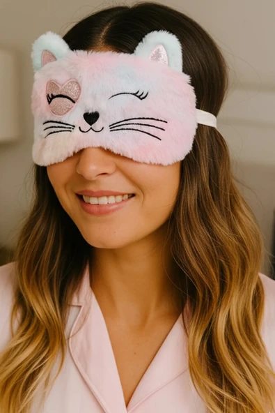 Caş Dekorasyon Pembe Renk Kedi Figür Peluş Uyku Bandı ürün görseli 1