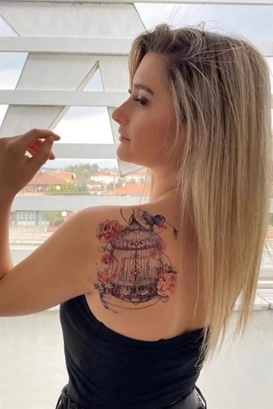 Caş Dekorasyon Kafes Kuş ve Gül Geçici Dövme Tattoo ürün görseli 1