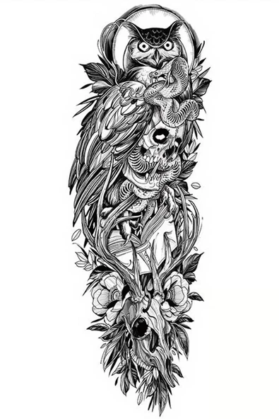 Caş Dekorasyon Geçici Baykuş Ve Kuru Kafa Figürlü Dövme Tattoo ürün görseli 1
