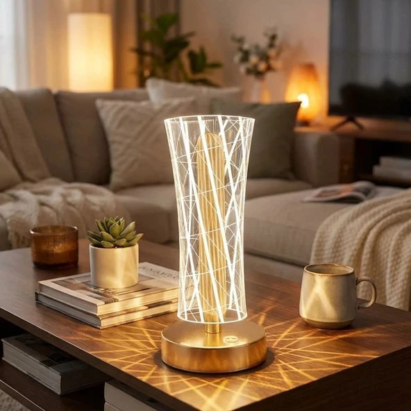 Silindirik Kristal Çizgi Model LED Masa Lambası – Gold Tabanlı, Dokunmatik, 3 Renk Işık Modlu, Şarjlı Modern Dekoratif Gece Lambası (2818) ürün görseli 1