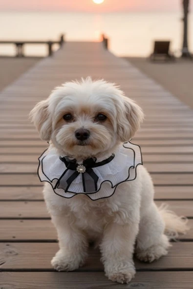 Caş Dekorasyon Beyaz Renk Kurdeleli Tüllü Ayarlanabilir Kedi Köpek Tasması ürün görseli 1