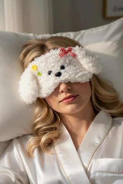 Caş Dekorasyon Beyaz Renk Köpek Motif Peluş Uyku Bandı ürün görseli 1