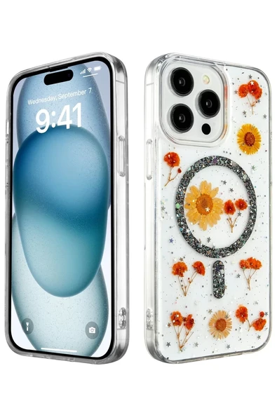 Newface Apple iPhone 15 Pro Max Kılıf Daisy Simli Magsafe Kapak - Siyah ürün görseli 1