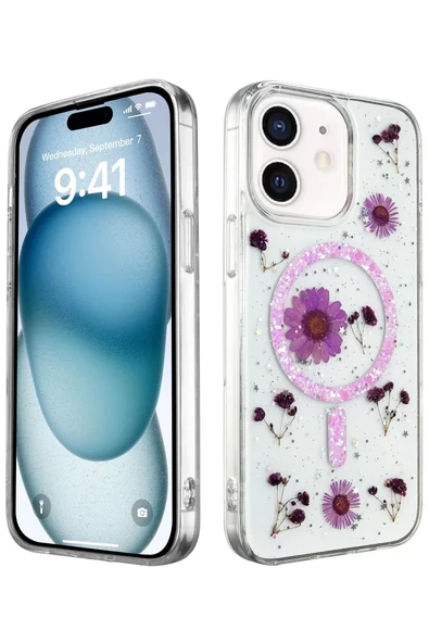 Newface Apple iPhone 12 Kılıf Daisy Simli Magsafe Kapak - Mor ürün görseli 1