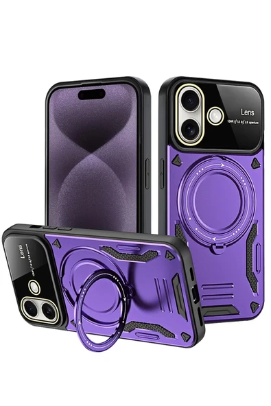 Newface Apple iPhone 16 Kılıf Joy Lens Standlı Kapak - Mor ürün görseli 1