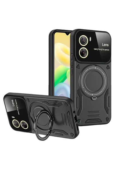 Newface Vivo Y16 Kılıf Joy Lens Standlı Kapak - Siyah ürün görseli 1