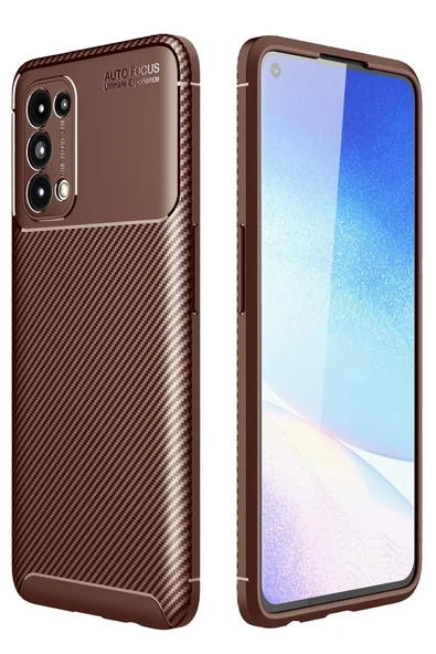 Newface Oppo Reno 5 Kılıf Auto Focus Karbon Kapak - Kahverengi ürün görseli 1