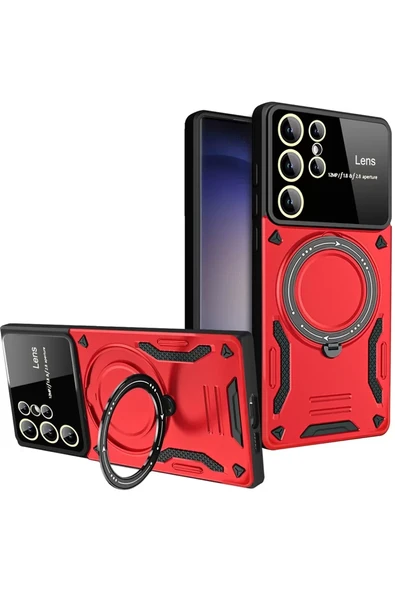 Newface Samsung Galaxy S25 Ultra Kılıf Joy Lens Standlı Kapak - Kırmızı ürün görseli 1