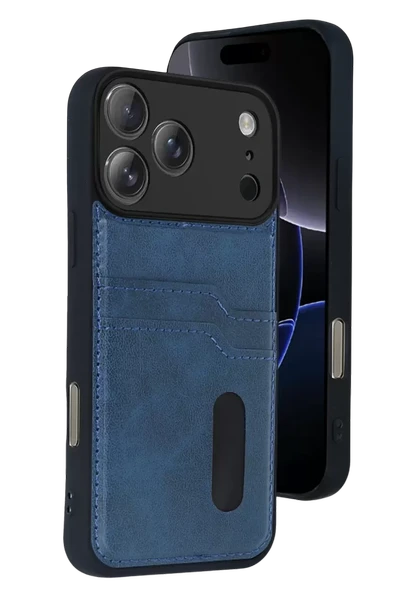 Newface Apple iPhone 17 Pro Sara Kartvizitli Deri Kılıf - Lacivert ürün görseli 1