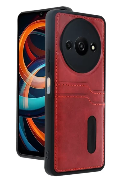 Newface Xiaomi Redmi A3 4G Kılıf Sara Kartvizitli Deri Kılıf - Kırmızı ürün görseli 1