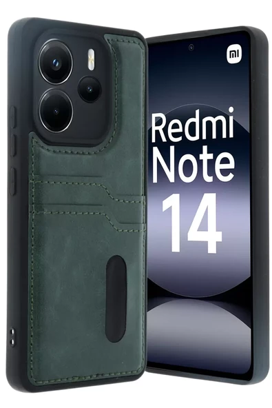 Newface Xiaomi Redmi Note 14 4G Kılıf Sara Kartvizitli Deri Kılıf - Koyu Yeşil ürün görseli 1