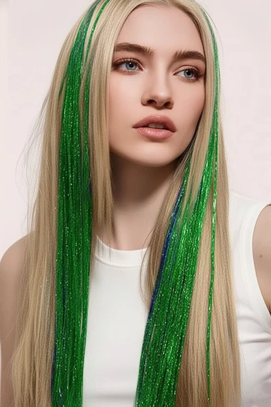 Caş Dekorasyon Yeşil Renk Simli Yan Postiş Hair Tinsel Shiny Hair-50 Cm- (2Adet) ürün görseli 1