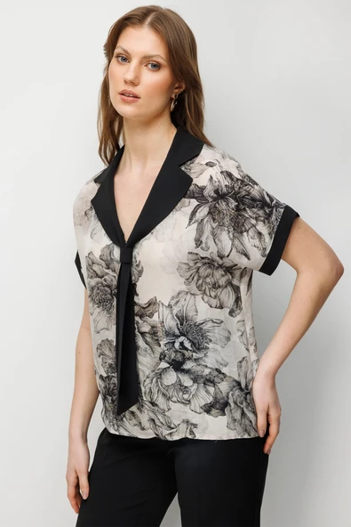 72328 ONTEKS BLUZ DESENLİ KRAVATLI KISA KOL - Resim 3