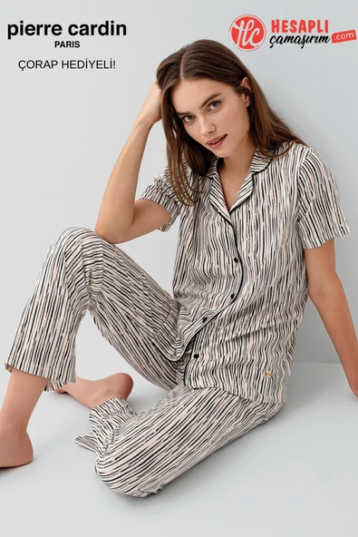 Pierre Cardin Paris Premium Kadın Modal Pamuklu Önden Düğmeli Rahat Kalıp Kısa Kol Pijama Takım ürün görseli 1