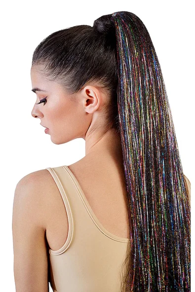 Caş Dekorasyon Karışık Renk Yan Postiş Hair Tinsel Shiny Hair-50 Cm- (2 Adet) ürün görseli 1