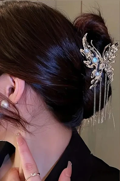 Caş Dekorasyon Gümüş Renk Kelebekli Taşlı Sallantılı Metal Mandal Toka ürün görseli 1