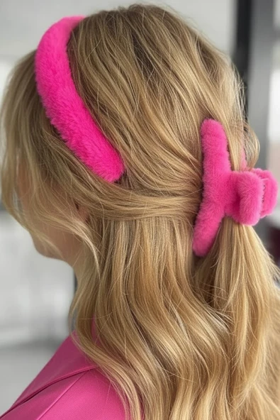 Caş Dekorasyon Koyu Pembe Renk Peluş Mandal Toka Ve Taç Set ürün görseli 1