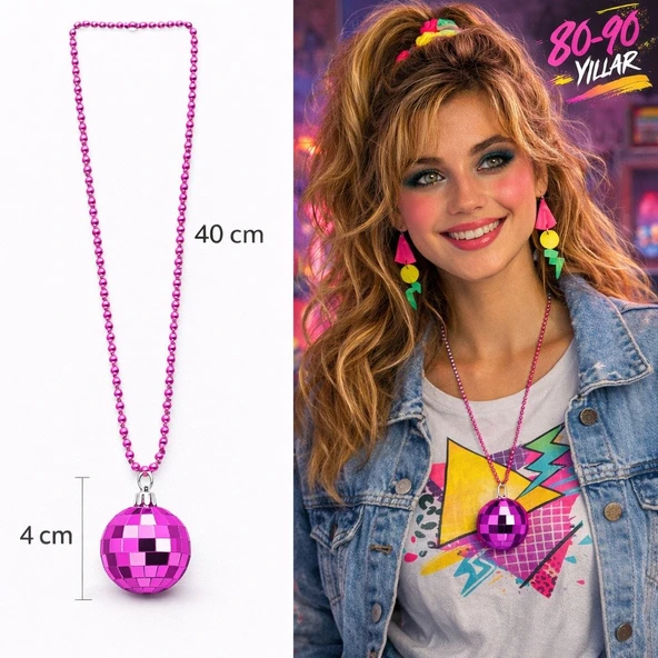 Retro Disko Topu Şekilli 80'ler 90'lar Fuşya Pembe Renk Plastik Kolye ürün görseli 1