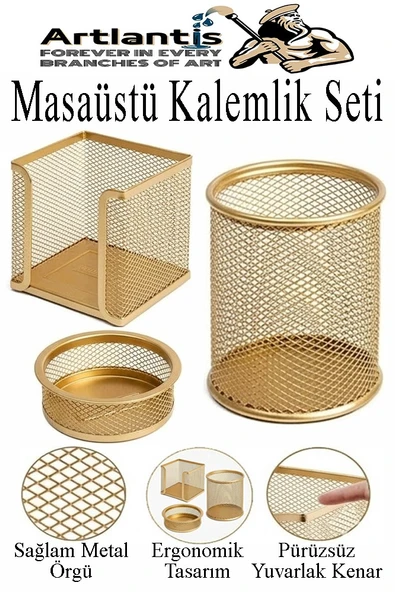 Masaüstü Fileli Kalemlik Seti 3 Parça 1 Paket 3 lü Masa Üstü Düzenleyici Kalemlik Küp Notluk Ataşlık ürün görseli 1