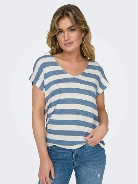 Only   ONLLIRA LIFE S/S V-NECK TOP JRS NOOS Kadın Mavi Bluz - 15252103 ürün görseli 1