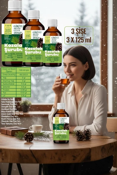 3 x 125 ml Kozak Bergama Vakfı Kozalak Şurubu Giritli Metin Efendi ürün görseli 1