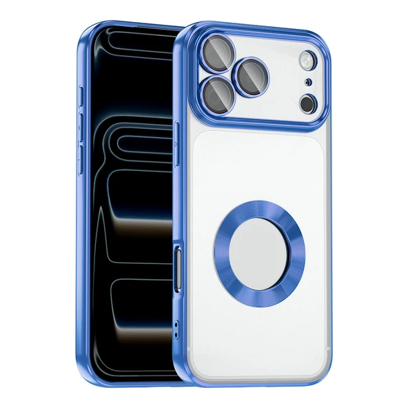 iPhone 17 Pro Max Kılıf Logo Gösteren Parlak Kenarlı Kamera Lens Korumalı Şeffaf Omega Silikon Kapak ürün görseli 1
