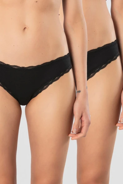 Türen Kadin Likrali Ribana Dantelli Bikini Külot 2'li Paket 928/Siyah ürün görseli 1
