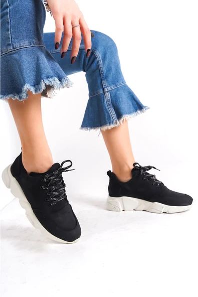 Siyah Unisex  Bağcıklı Yüksek Tabanlı Kadın Spor Ayakkabı ürün görseli 1