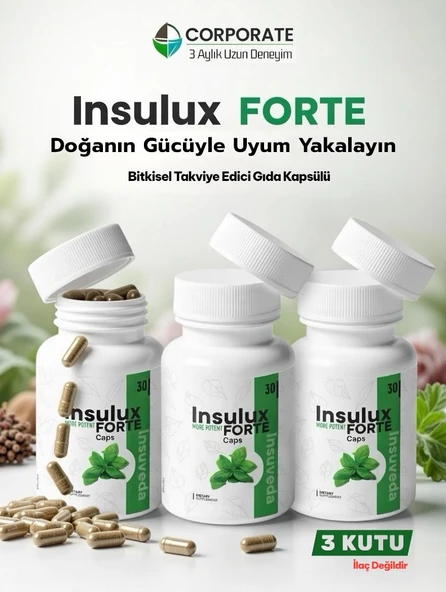3 Kutu Insulux Forte Tarçın,Oğulotu,Yaban Mersini İçeren Takviye Edici Gıda 30 Kapsül Caps ürün görseli 1