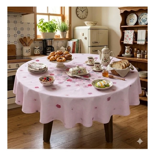 Masa Örtüsü- Yuvarlak- Açık Pembe - Resim 3