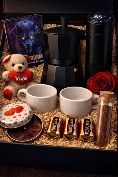 Moka pot hediye seti (3 Cup) , Dijital Termoslu , Özel Espresso ve 2'li Fincan   Konsept Kahve Hediye Seti ürün görseli 1