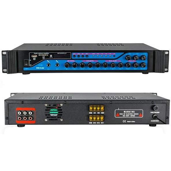 DEXUN D-200 200W 3 ZONE İKİ MİK GİRİŞ USB-BT 4/16-70-100V HAT TRAFOLU ANFİ ürün görseli 1