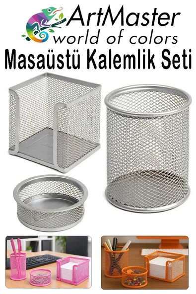 Gümüş Gri Masaüstü Fileli Kalemlik Seti 3 Parça 1 Paket 3 lü Masa Üstü Düzenleyici Kalemlik Küp Notluk Ataşlık ürün görseli 1