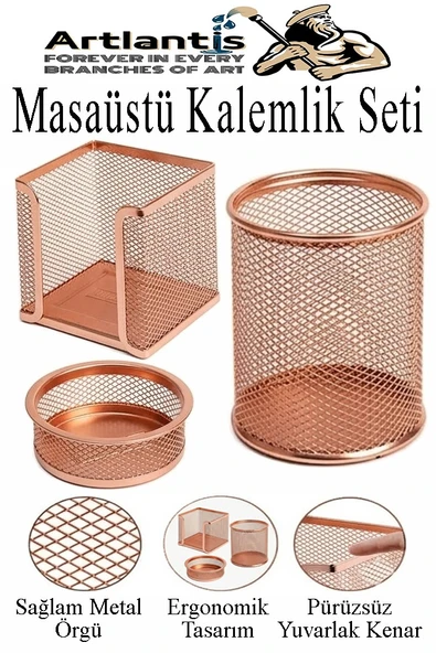 Bakır Yaldız Masaüstü Fileli Kalemlik Seti 3 Parça 1 Paket 3 lü Masa Üstü Düzenleyici Kalemlik Küp Notluk Ataşlık ürün görseli 1