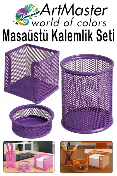 Mor Masaüstü Fileli Kalemlik Seti 3 Parça 1 Paket 3 lü Masa Üstü Düzenleyici Kalemlik Küp Notluk Ataşlık ürün görseli 1