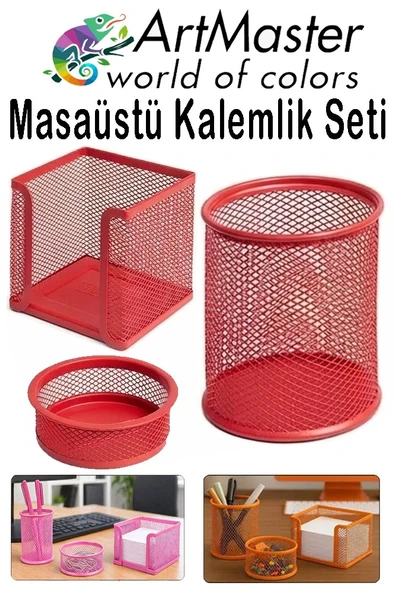 Kırmızı Masaüstü Fileli Kalemlik Seti 3 Parça 1 Paket 3 lü Masa Üstü Düzenleyici Kalemlik Küp Notluk Ataşlık ürün görseli 1