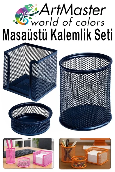 Lacivert Masaüstü Fileli Kalemlik Seti 3 Parça 1 Paket 3 lü Masa Üstü Düzenleyici Kalemlik Küp Notluk Ataşlık ürün görseli 1