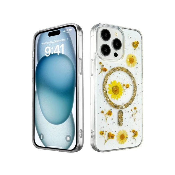 iPhone 15 Uyumlu Pro Max Kılıf Daisy Simli Magsafe Kapak - Gold ürün görseli 1