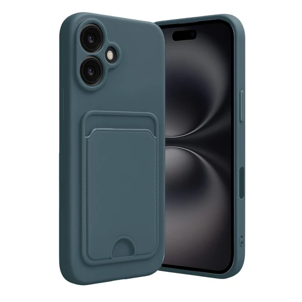 iPhone 16 Uyumlu Kılıf Kelvin Kartvizitli Silikon - Koyu Yeşil ürün görseli 1